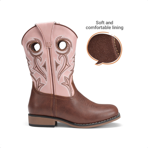 Kids’ Embroidered Square Toe Cowboy Boots - PINK - 4