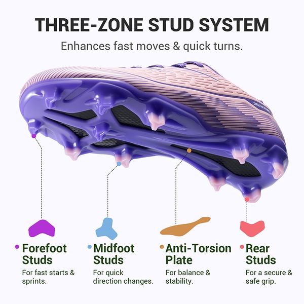 Lightweight Three-Zone Stud Kids' Soccer Cleats for Boys & Girls - PINK/PURPLE - 3