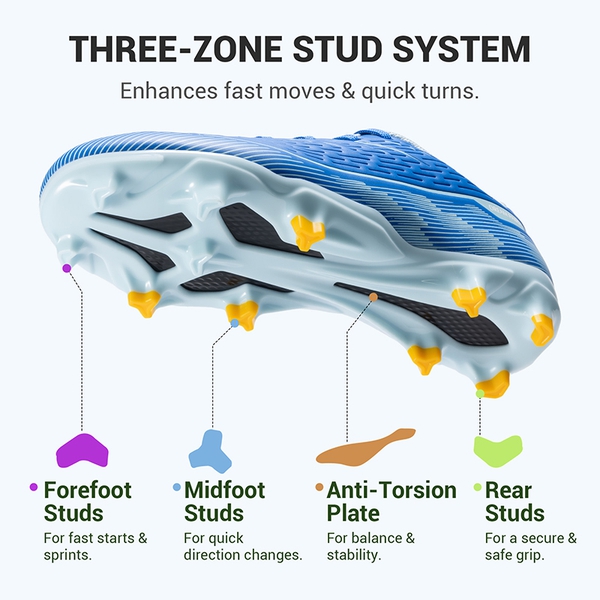 Lightweight Three-Zone Stud Kids' Soccer Cleats for Boys & Girls - BLUE - 3