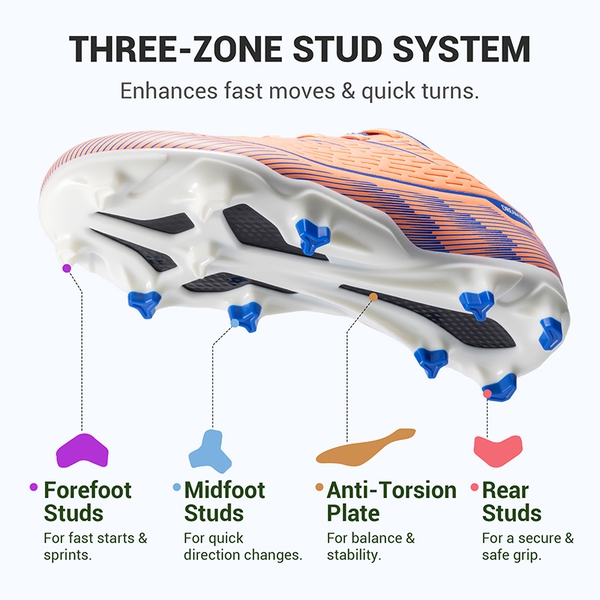 Lightweight Three-Zone Stud Kids' Soccer Cleats for Boys & Girls - ORANGE - 3
