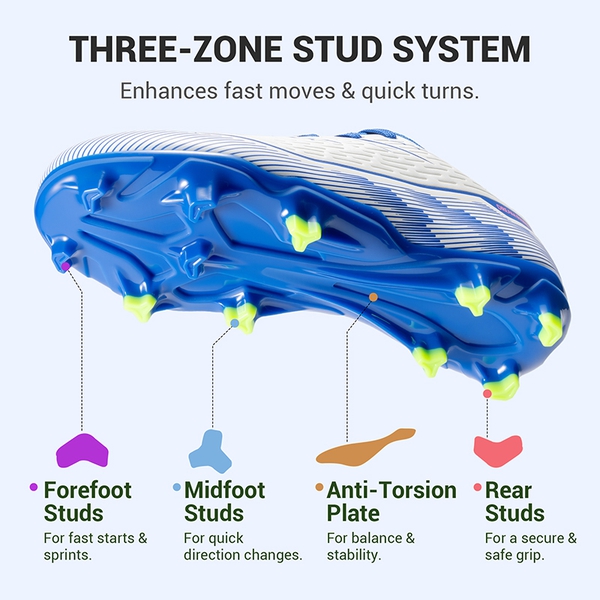 Lightweight Three-Zone Stud Kids' Soccer Cleats for Boys & Girls - WHITE/BLUE - 3