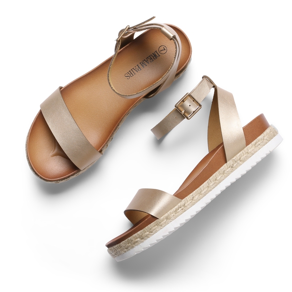 Open Toe Ankle-Strap Espadrille Platform Sandals - GOLD PU - 2
