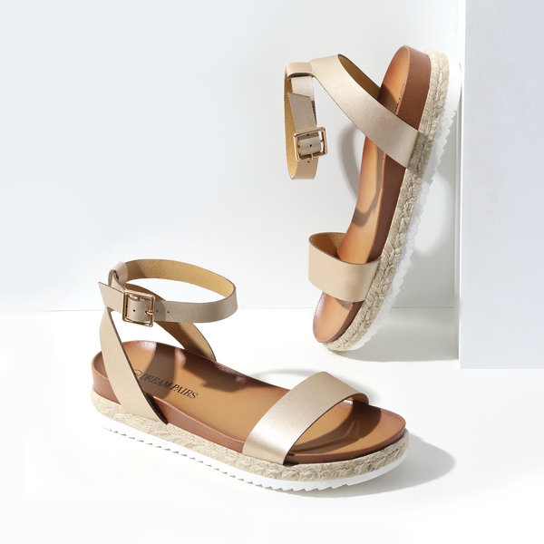 Open Toe Ankle-Strap Espadrille Platform Sandals - GOLD PU - 3