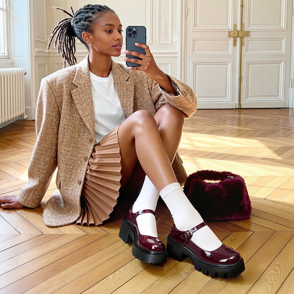 Chunky Platform Mary Jane Pumps - BURGUNDY-PAT - 1