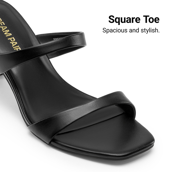 Women’s Strappy Square Toe Kitten Heel Mules - BLACK - 5