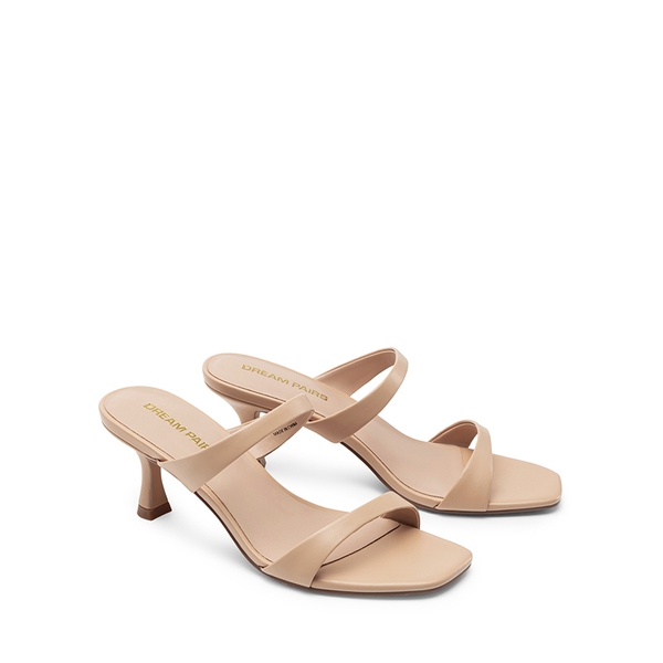 Women’s Strappy Square Toe Kitten Heel Mules - NUDE - 4