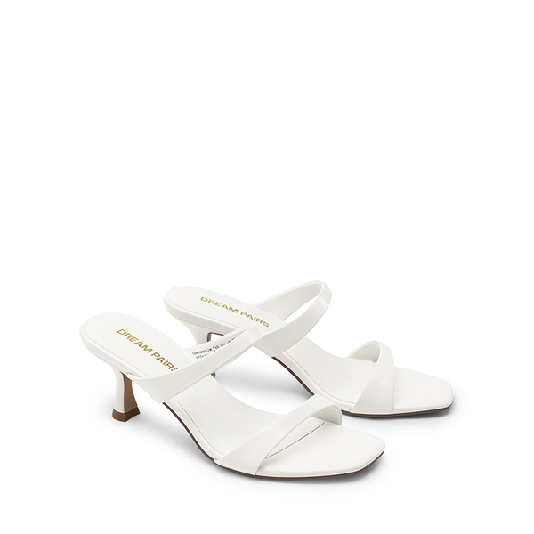 Women’s Strappy Square Toe Kitten Heel Mules - WHITE - 4