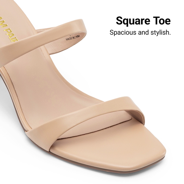 Women’s Strappy Square Toe Kitten Heel Mules - NUDE - 5