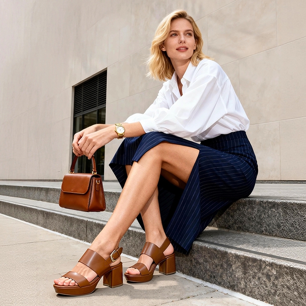 Women’s Chunky Heel Buckle Strap Sandals with Cushioned Insole - BROWN - 1