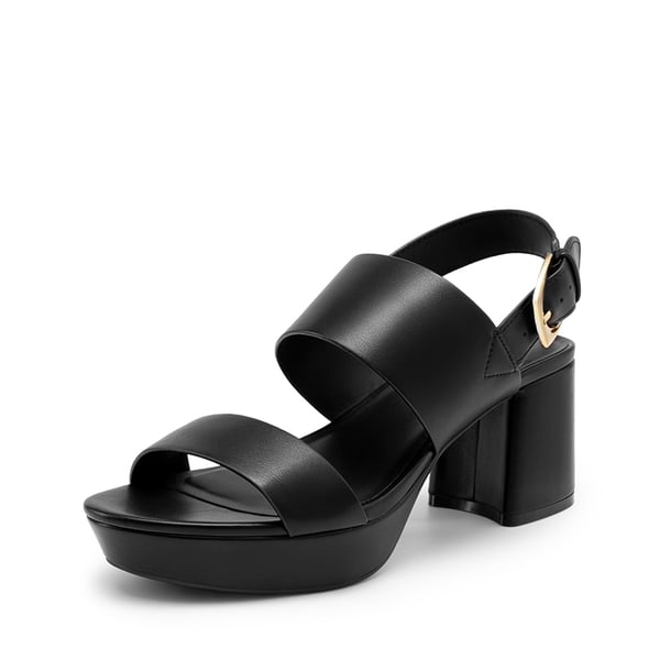 Women’s Chunky Heel Buckle Strap Sandals with Cushioned Insole - BLACK -  0
