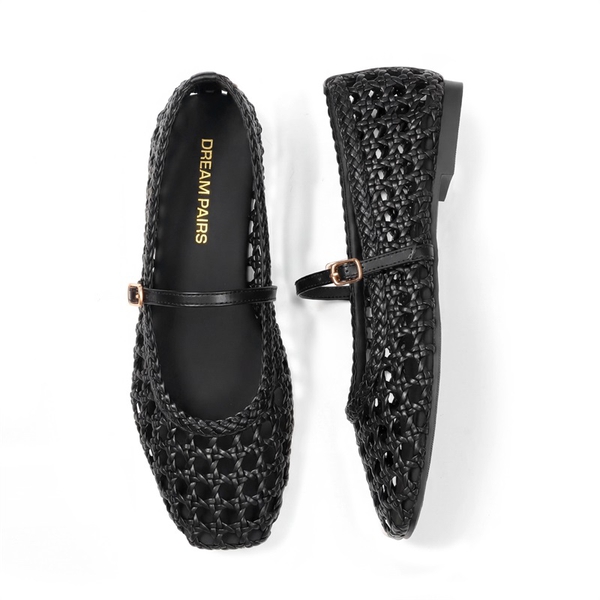 Women’s Woven Flats with Adjustable Strap - BLACK - 6