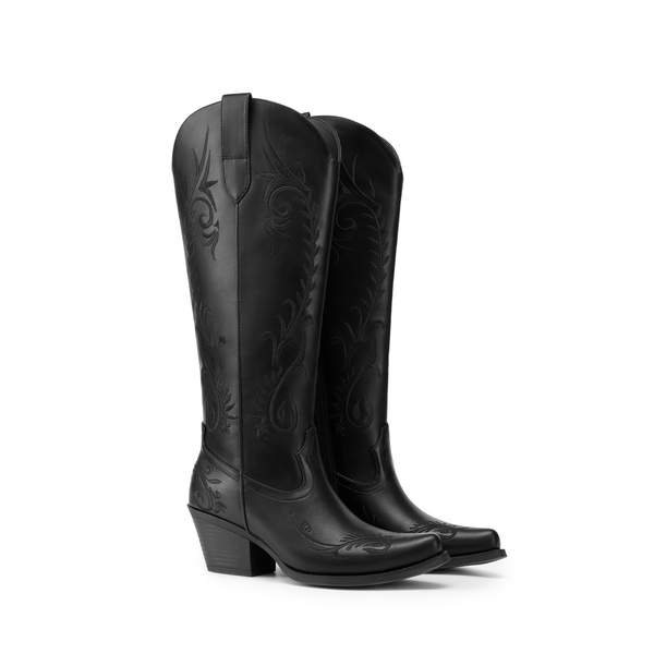 Women’s Square Toe Block Heel Western Boots with Embroidery - BLACK - 4