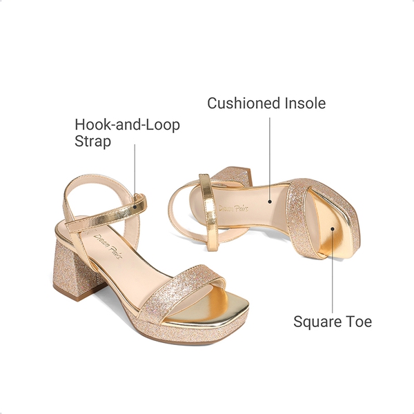 Girls’ Square Toe Block Heel Dress Sandals - GOLD-GLITTER - 5