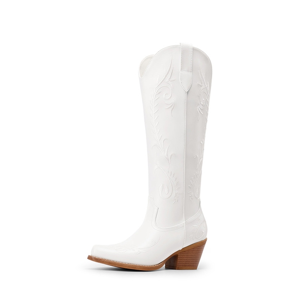 Women’s Square Toe Block Heel Western Boots with Embroidery - WHITE -  0
