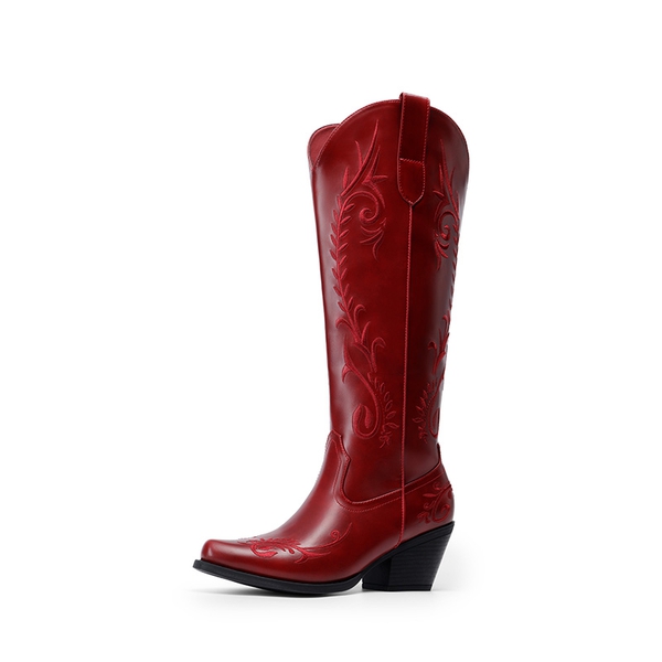Women’s Square Toe Block Heel Western Boots with Embroidery - RED -  0