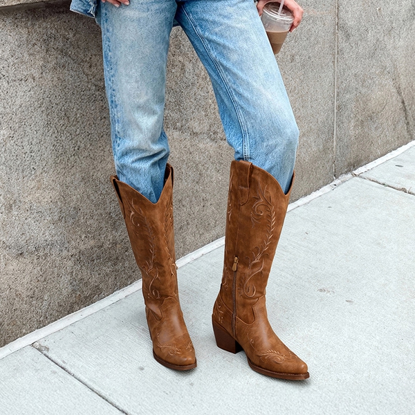 Women’s Square Toe Block Heel Western Boots with Embroidery - BROWN - 2