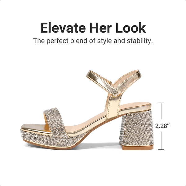 Girls’ Square Toe Block Heel Dress Sandals - GOLD-METALLIC - 2