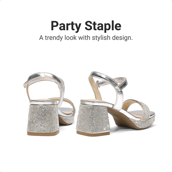 Girls’ Square Toe Block Heel Dress Sandals - SILVER-METALLIC - 4