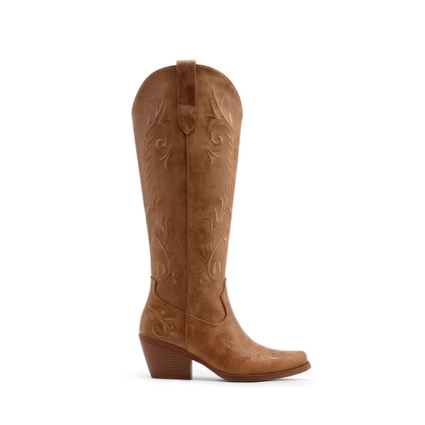 Women’s Square Toe Block Heel Western Boots with Embroidery - BROWN - 3