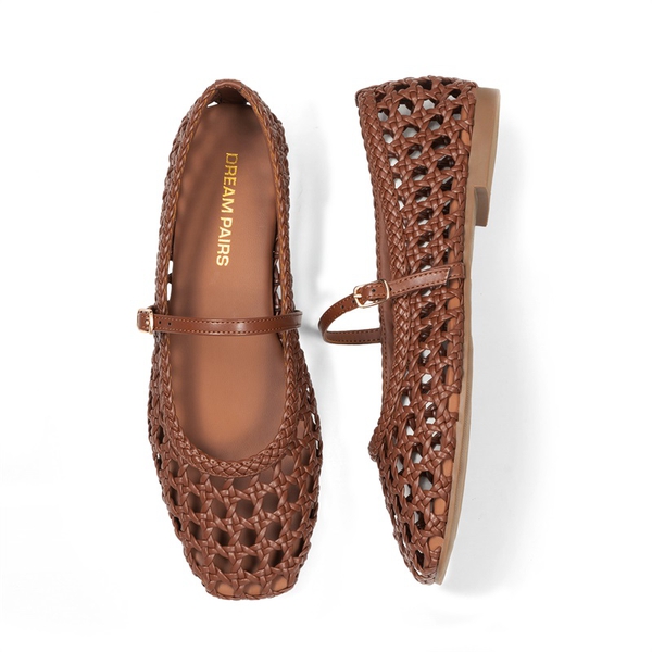 Women’s Woven Flats with Adjustable Strap - BROWN - 6