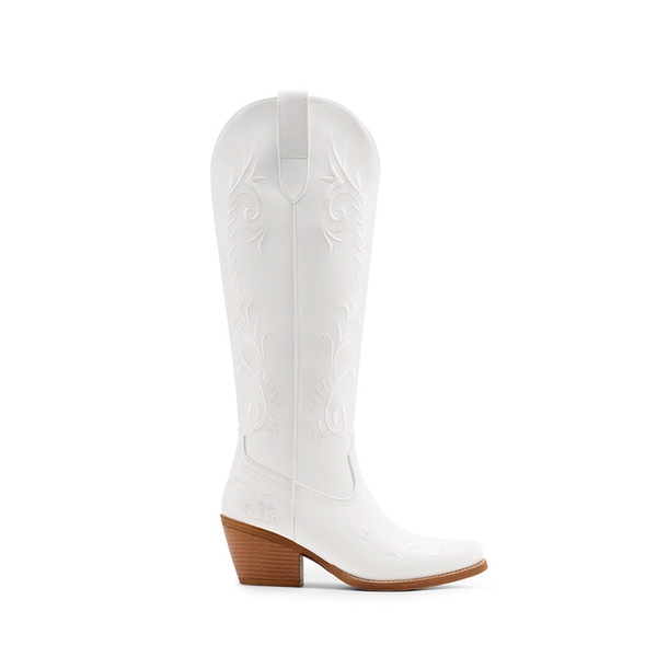 Women’s Square Toe Block Heel Western Boots with Embroidery - WHITE - 3