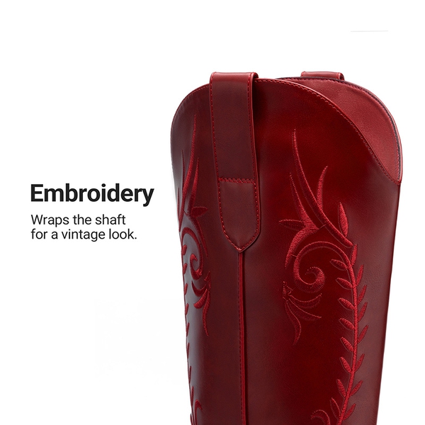 Women’s Square Toe Block Heel Western Boots with Embroidery - RED - 5