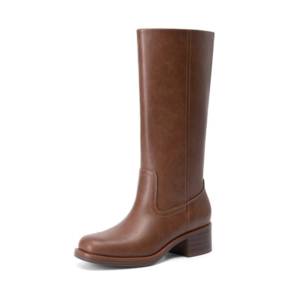 Women’s Retro Square Toe Block Heel Western Boots - BROWN -  0