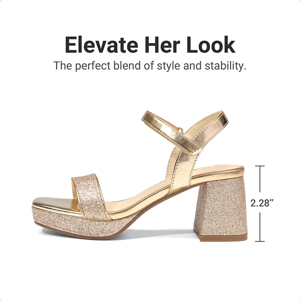 Girls’ Square Toe Block Heel Dress Sandals - GOLD-GLITTER - 2