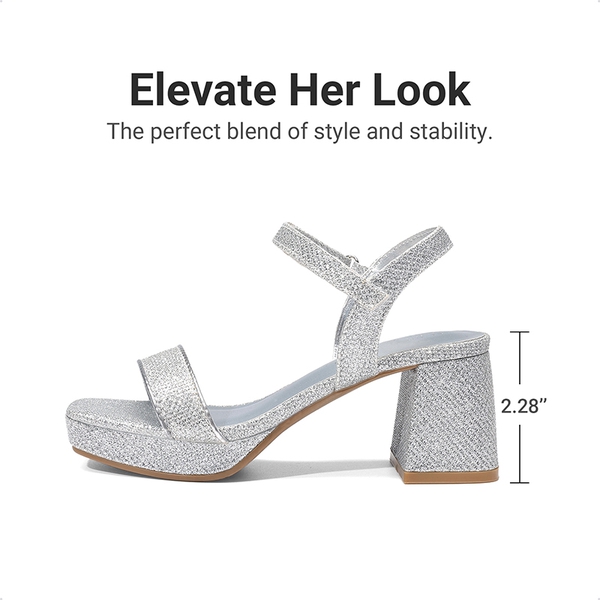 Girls’ Square Toe Block Heel Dress Sandals - SILVER-GLITTER - 2