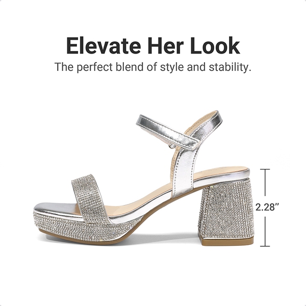 Girls’ Square Toe Block Heel Dress Sandals - SILVER-METALLIC - 2