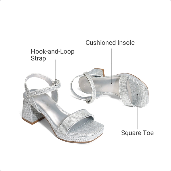Girls’ Square Toe Block Heel Dress Sandals - SILVER-GLITTER - 5