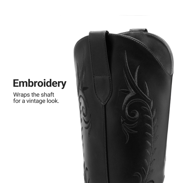 Women’s Square Toe Block Heel Western Boots with Embroidery - BLACK - 5