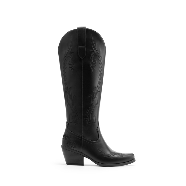 Women’s Square Toe Block Heel Western Boots with Embroidery - BLACK - 3