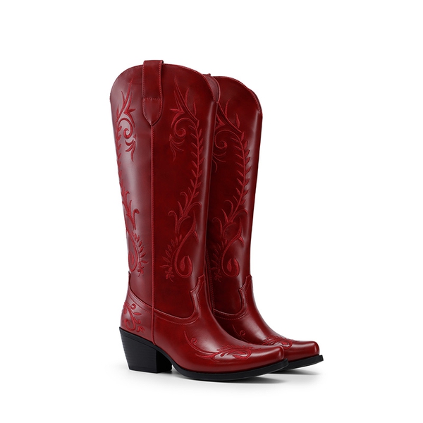 Women’s Square Toe Block Heel Western Boots with Embroidery - RED - 4