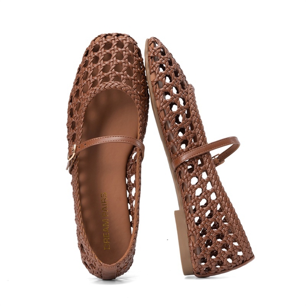 Women’s Woven Flats with Adjustable Strap - BROWN - 3