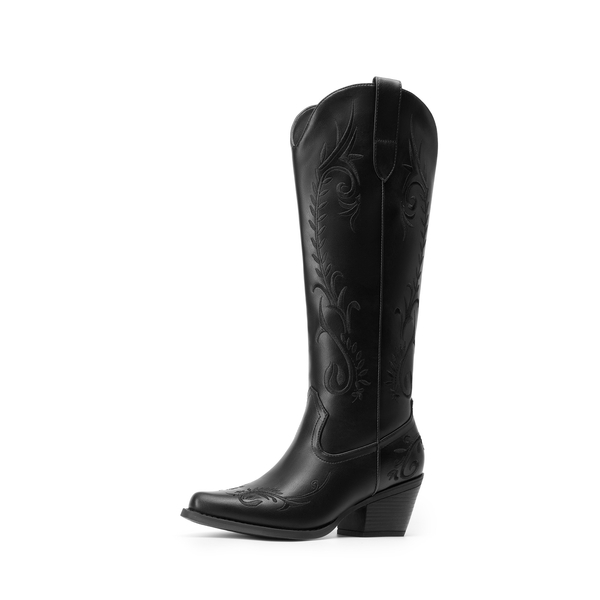 Women’s Square Toe Block Heel Western Boots with Embroidery - BLACK -  0