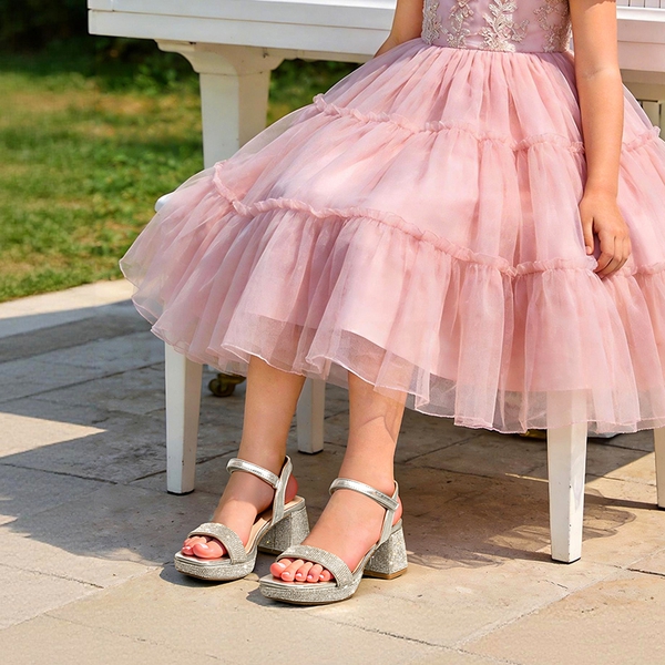 Girls’ Square Toe Block Heel Dress Sandals - SILVER-METALLIC - 1