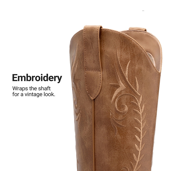 Women’s Square Toe Block Heel Western Boots with Embroidery - BROWN - 5