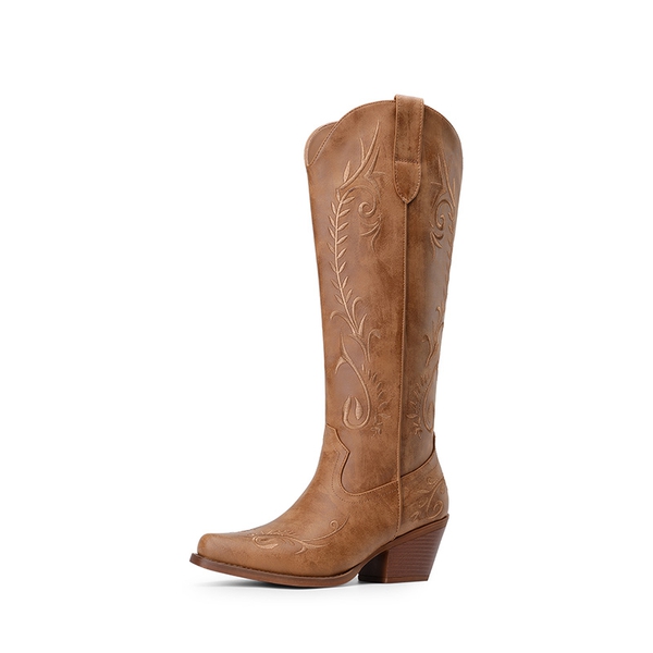 Women’s Square Toe Block Heel Western Boots with Embroidery - BROWN -  0