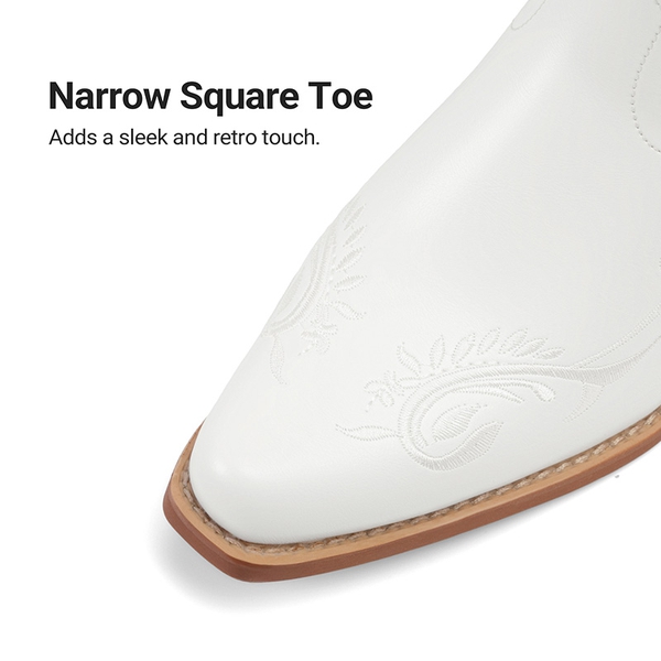 Women’s Square Toe Block Heel Western Boots with Embroidery - WHITE - 7