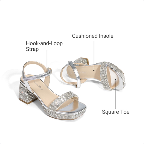 Girls’ Square Toe Block Heel Dress Sandals - SILVER-METALLIC - 5