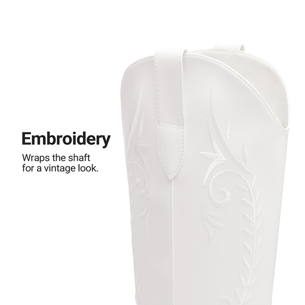 Women’s Square Toe Block Heel Western Boots with Embroidery - WHITE - 5