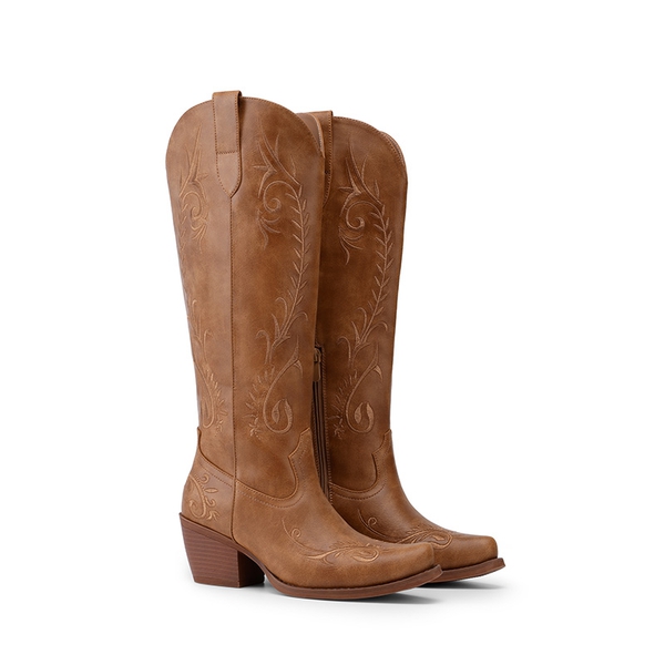 Women’s Square Toe Block Heel Western Boots with Embroidery - BROWN - 4