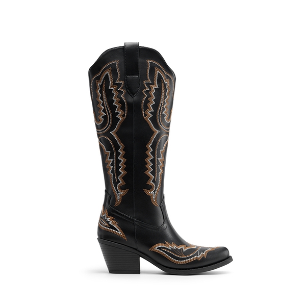 Women’s Embroidered Square Toe Western Cowboy Boots with Zipper - BLACK - 3