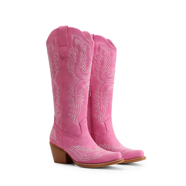 Women’s Embroidered Square Toe Western Cowboy Boots with Zipper - HOT PINK - 4