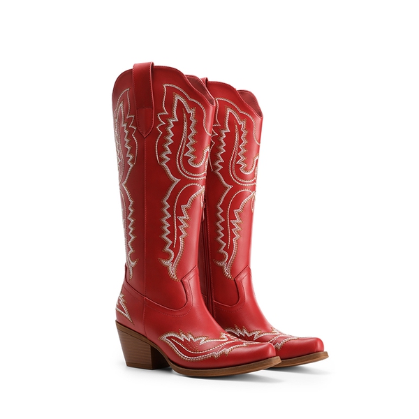 Women’s Embroidered Square Toe Western Cowboy Boots with Zipper - RED - 4