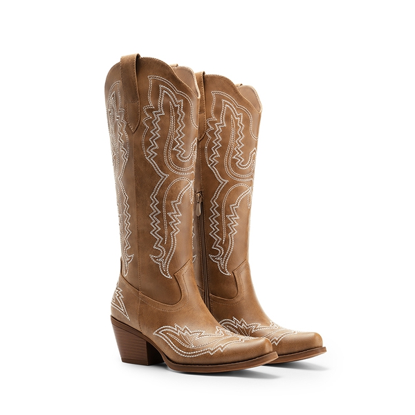 Women’s Embroidered Square Toe Western Cowboy Boots with Zipper - BROWN - 3