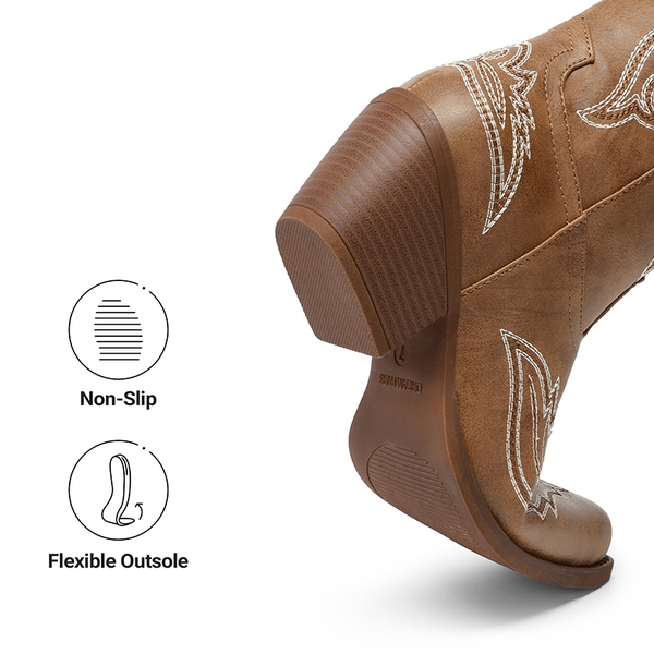 Women’s Embroidered Square Toe Western Cowboy Boots with Zipper - BROWN - 5