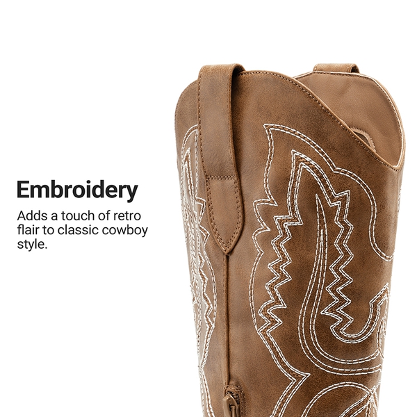 Women’s Embroidered Square Toe Western Cowboy Boots with Zipper - BROWN - 4