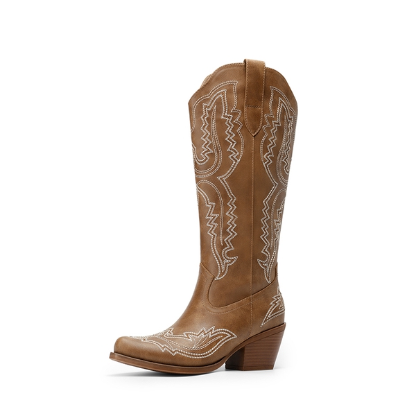 Women’s Embroidered Square Toe Western Cowboy Boots with Zipper - BROWN -  0